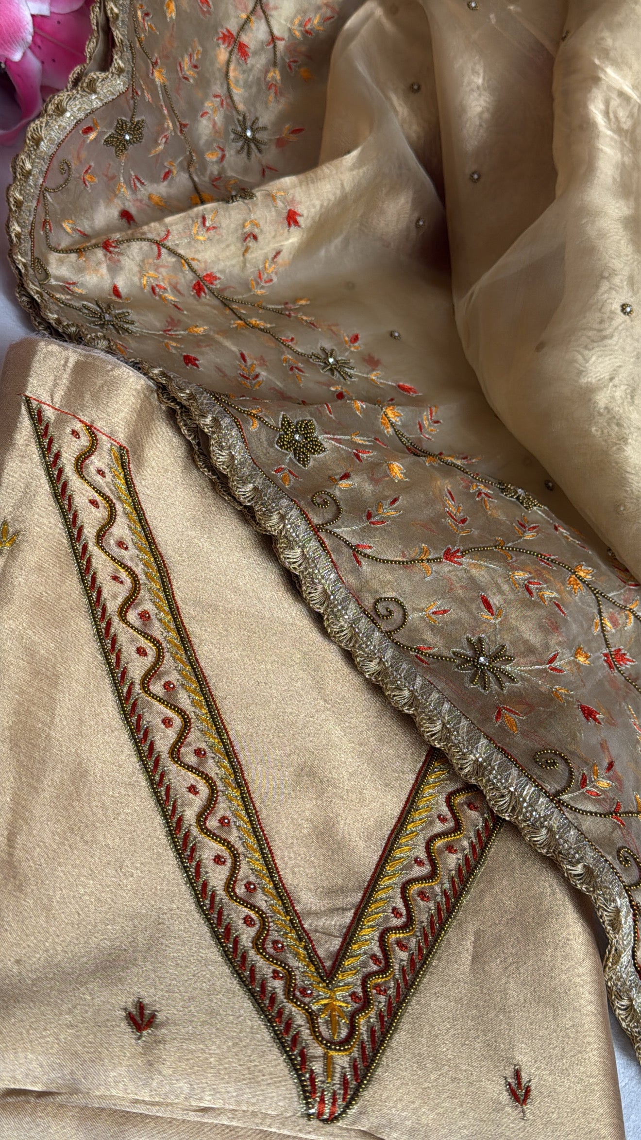Champagne gold tissue silk hand embroidered heeramandi kadhwa suit set